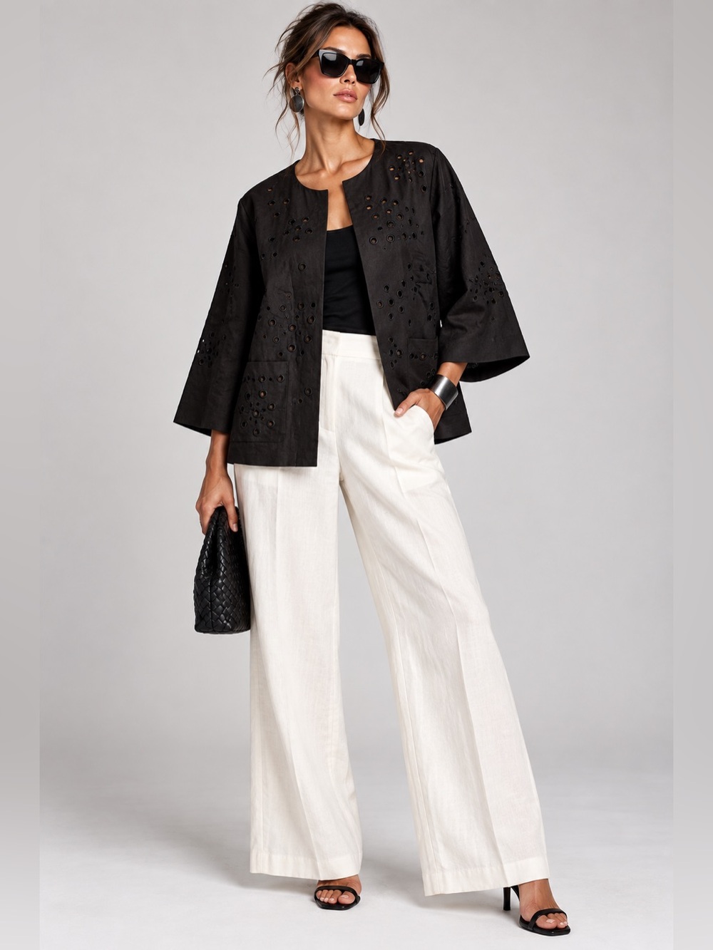 T. Renz Women’s 1X Black 100% Linen Embroidered Eyelet Cutout Open Front Jacket